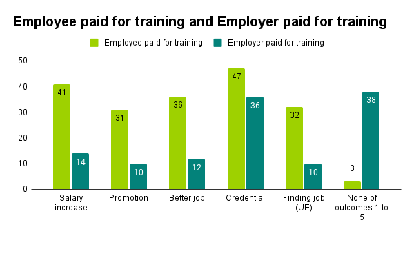 A coloumn graph showing that employees are more likely to pay for training in a variety of areas.